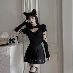 Unzzy HOT SALE Black T-shirt + Pleated Skirt Suit KF82672