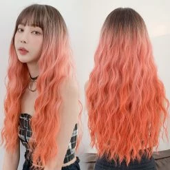 Unzzy Coral Orange Gradient Long Curly Wig KF7614