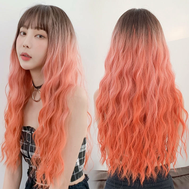 Unzzy Coral Orange Gradient Long Curly Wig KF7614 1 Unzzy Coral Orange Gradient Long Curly Wig KF7614