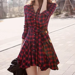 Unzzy Fashionable Red Plaid Dress KF26006