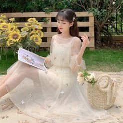 Unzzy HOT SALE Star Embroidered Mesh Slip Dress KF90794