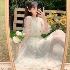 Unzzy HOT SALE Star Embroidered Mesh Slip Dress KF90794