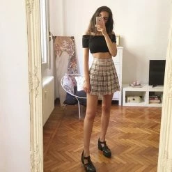 Unzzy Apricot Grid Pleated Skirt KF50006