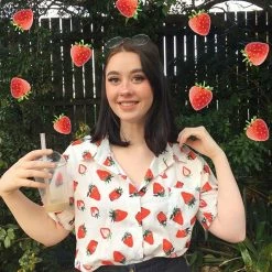 Unzzy Fruit Strawberry Print Short Sleeve Top + Jeans KF30235 HOT SALE