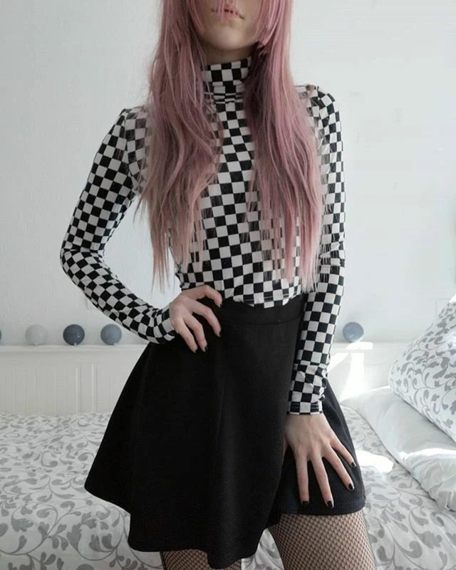 Unzzy High Collar Plaid Long-sleeved T-shirt KF20067 4 Unzzy High Collar Plaid Long-sleeved T-shirt KF20067