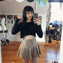 Unzzy Apricot Grid Pleated Skirt KF50006