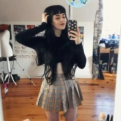 Unzzy Apricot Grid Pleated Skirt KF50006