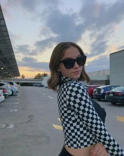 Unzzy High Collar Plaid Long-sleeved T-shirt KF20067