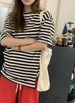 Unzzy Vintage Striped Short Sleeves KF30270 HOT SALE