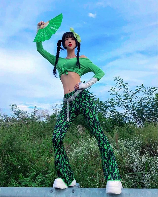 Unzzy HOT SALE Green Flame Pants KF9180 11 Unzzy HOT SALE Green Flame Pants KF9180