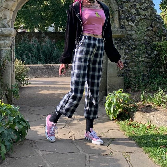 Unzzy Korean Lattice Wide Leg Pants KF50114 4 Unzzy Korean Lattice Wide Leg Pants KF50114