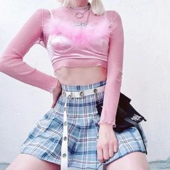 Unzzy HOT SALE Blue Plaid Pleated Skirt KF90728