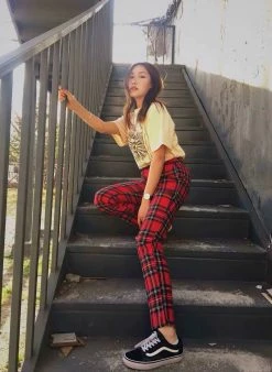 Unzzy HOT SALE Red Plaid Pants KF9515
