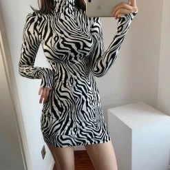 Unzzy High Collar Zebra Dress KF81619