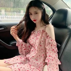 Unzzy HOT SALE Pink Chiffon Suspender Dress KF2357