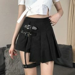 Unzzy Punk Asymmetric Leather Button Pleated Skirt KF82160