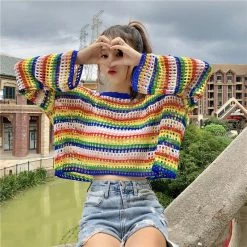 Unzzy HOT SALE Rainbow Summer T-Shirt Top + Small Vest 2 Piece Set KF2301