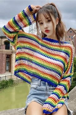 Unzzy HOT SALE Rainbow Summer T-Shirt Top + Small Vest 2 Piece Set KF2301