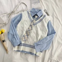 Unzzy HOT SALE Chic Blue Shirt + Vest KF90132