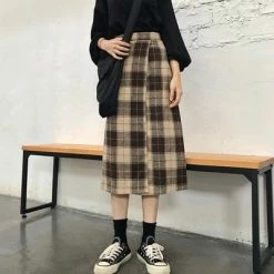 Unzzy Vintage High Waist Plaid Woolen Skirt KF25037