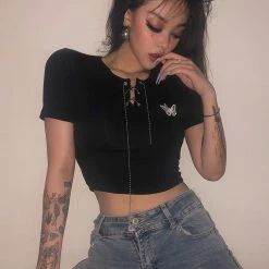 Unzzy Black Butterfly Applique T-Shirt KF82194