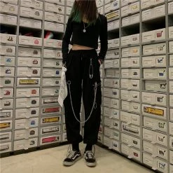 Unzzy HOT SALE Black Chain Pants KF90801