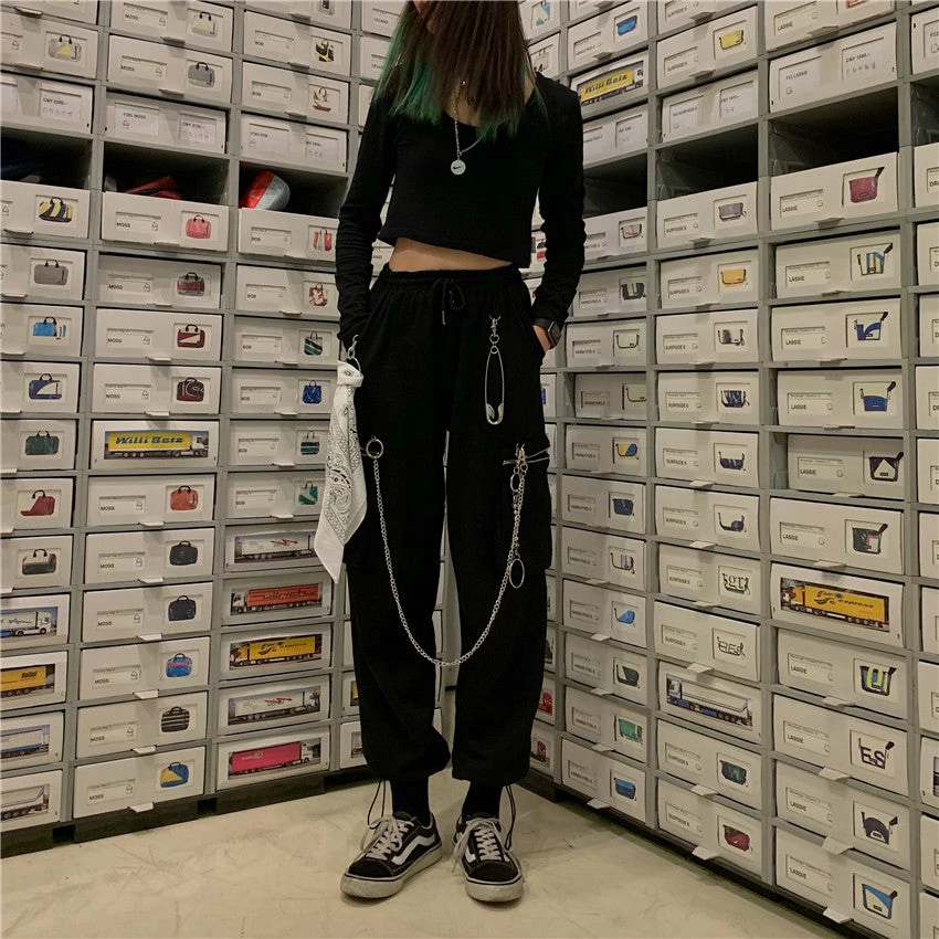 Unzzy HOT SALE Black Chain Pants KF90801 1 Unzzy HOT SALE Black Chain Pants KF90801