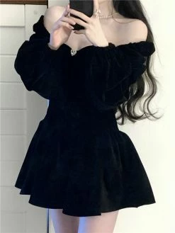 Unzzy HOT SALE Off Shoulder Velvet DressKF82577