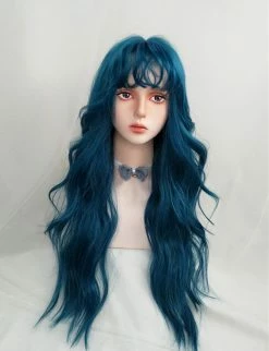 Unzzy HOT SALE Blue Green Long Curly Wig KF82138