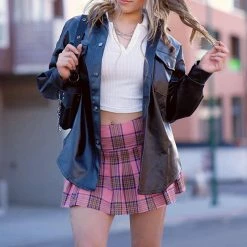 Unzzy HOT SALE Pink Plaid Pleated Skirt KF81903 6 Unzzy HOT SALE Pink Plaid Pleated Skirt KF81903