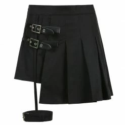 Unzzy Punk Asymmetric Leather Button Pleated Skirt KF82160