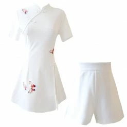 Unzzy HOT SALE Solid Color Cheongsam + Shorts Two-piece Set KF24031