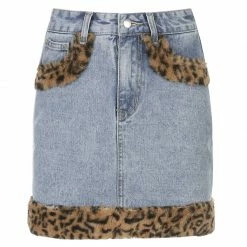 Unzzy Denim Leopard Print Velvet Skirt KF81716