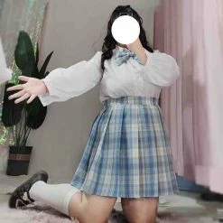 Unzzy HOT SALE Blue Plus Size Pleated Skirt KF82027