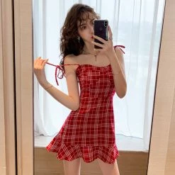 Unzzy Red Plaid Suspender Skirt KF50004 HOT SALE