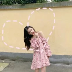 Unzzy HOT SALE Pink Chiffon Suspender Dress KF2357