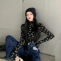 Unzzy Moon Turtleneck Long Sleeve T-Shirt KF82610 HOT SALE