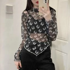 Unzzy Butterfly Print Net Gauze Long Sleeves KF90319