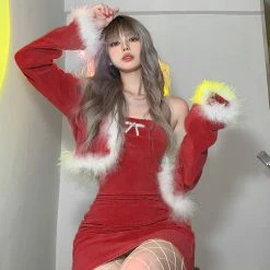 Unzzy Fur Collar Coat + Dress 2-piece Set KF82484