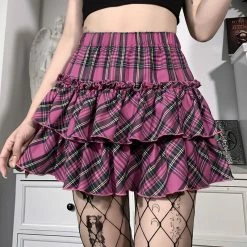 Unzzy HOT SALE Pink Plaid Pleated Skirt KF90689
