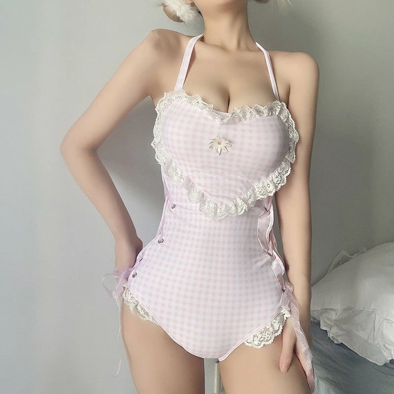 Unzzy Cute Lace Check One Piece Swimsuit KF82658 2 Unzzy Cute Lace Check One Piece Swimsuit KF82658