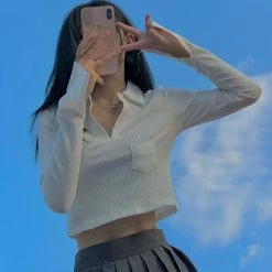 Unzzy Solid Color Polo Collar Knitted Top KF200031 HOT SALE