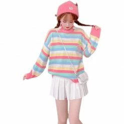 Unzzy Tops Rainbow Striped Sweater KF30392