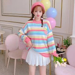 Unzzy Tops Rainbow Striped Sweater KF30392