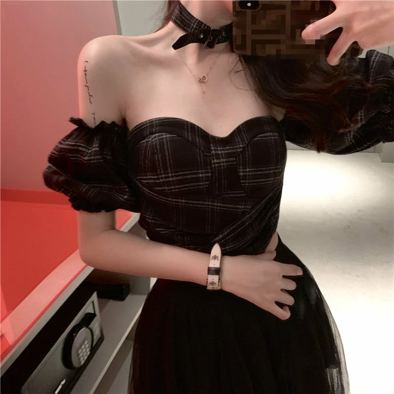 Unzzy HOT SALE Plaid Tube Top + Mesh Skirt KF81380 1 Unzzy HOT SALE Plaid Tube Top + Mesh Skirt KF81380