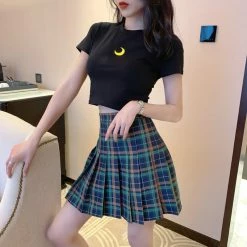 Unzzy HOT SALE Embroidered T-shirt + Plaid Pleated Skirt KF90649