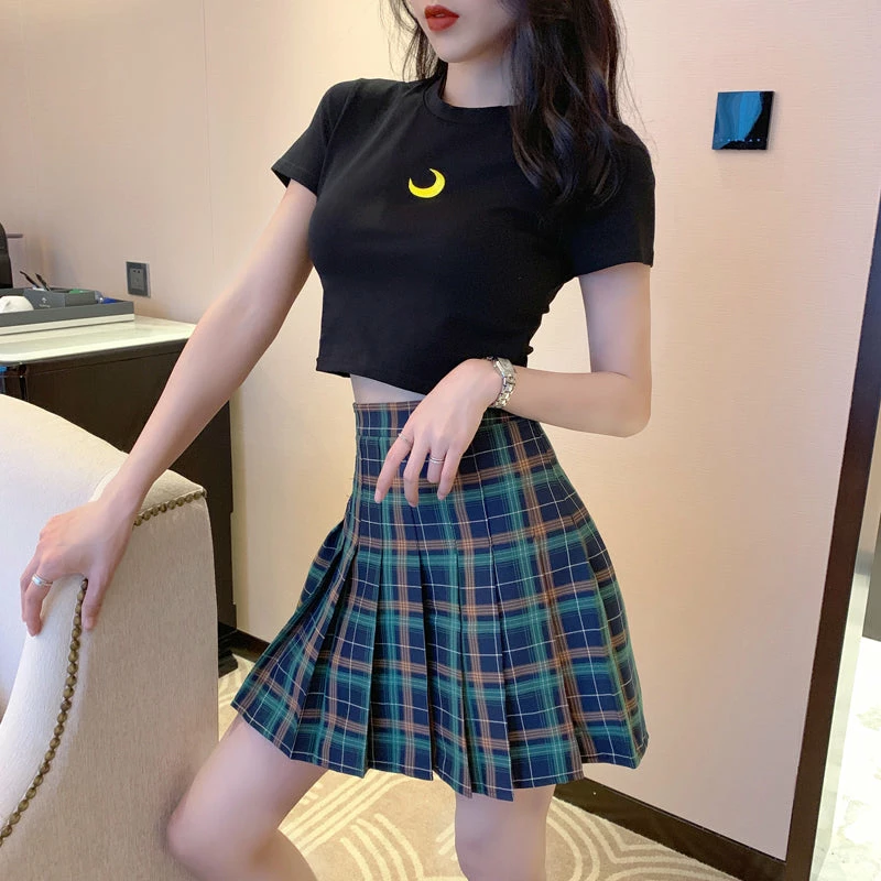 Unzzy HOT SALE Embroidered T-shirt + Plaid Pleated Skirt KF90649 1 Unzzy HOT SALE Embroidered T-shirt + Plaid Pleated Skirt KF90649