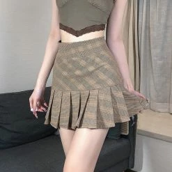 Unzzy Khaki Check Pleated Skirt KF90778 HOT SALE