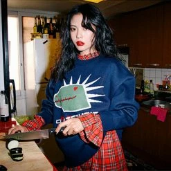 Unzzy Cartoon Sweater + Red Plaid Skirt KF9533 HOT SALE