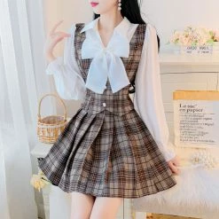 Unzzy Chic Check Pleated Skirt Two Piece KF81120 HOT SALE
